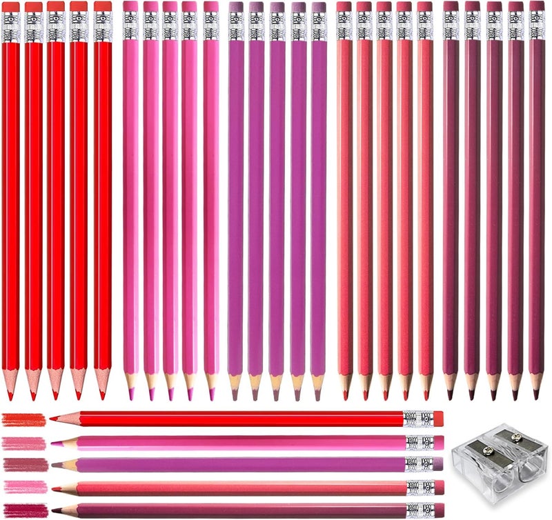 Adhere 25pcs Checking Pencils Erasable colored Pencils Pre-Sharpened #2 HB,for Checking Tests Grading,Map Coloring, editing Office Favors,including a Free sharpener. (Mixed Pink+Red) - Image 1